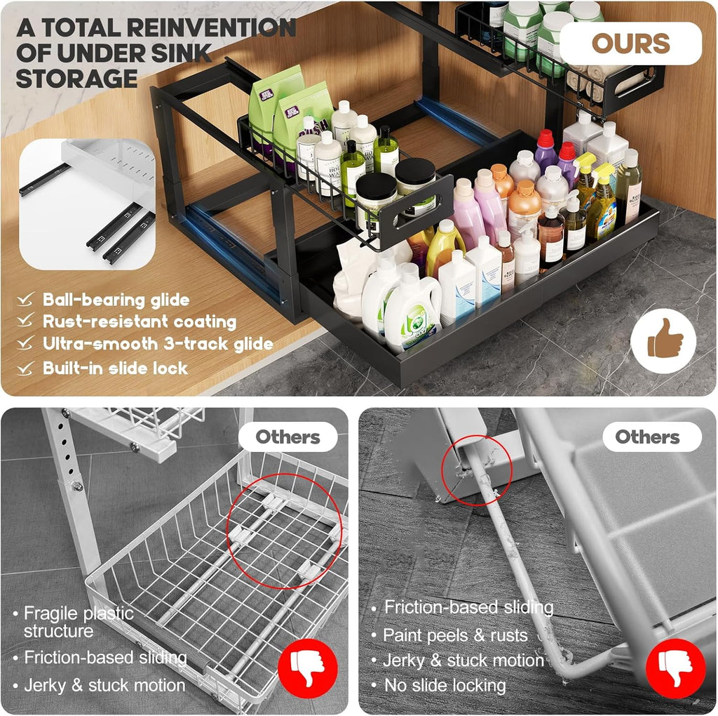 1 Pack Expandable Under Sink Organizers And Storage With Upgrade Ball-Bearing Slide Tracks,2-Tier Pull Out Under Cabinet Organizer Height Adjustable,Slide Out Under Sink Drawers-Black(Patent Pending)