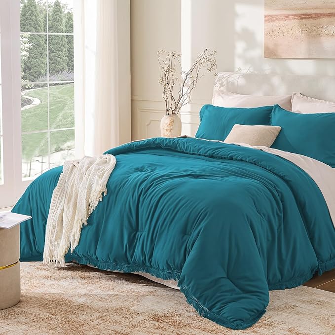 Andency Turquoise Comforter Set Queen, 3 Pieces Boho Teal Tassel Lightweight by Andency