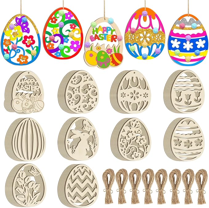 80PCS Wooden Easter Ornaments to Paint, 10 Styles DIY Blank Unfinished Wood Egg by Sophena