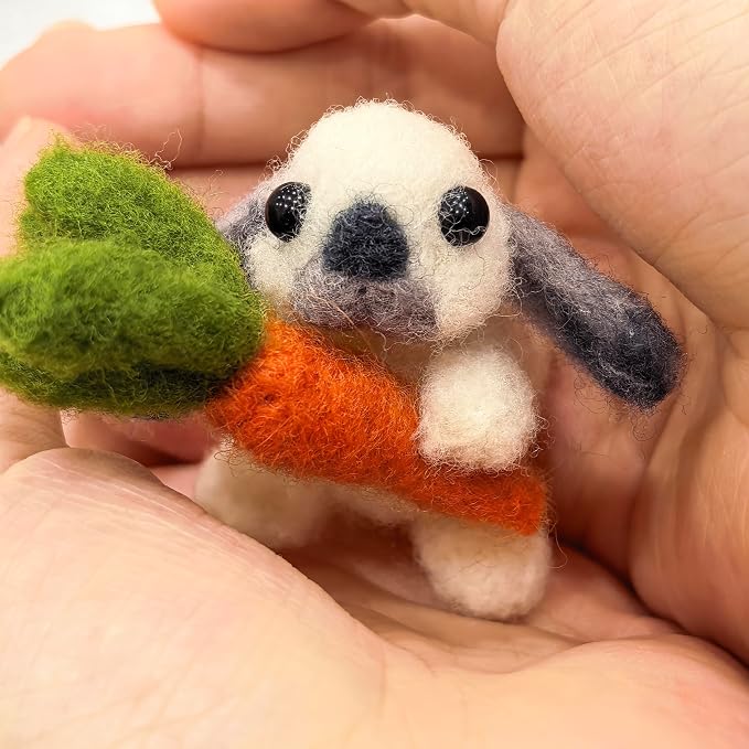 DIY Needle Felting Kit Cute Gray Lop-Eared Bunny Holding Carrot – Needle by FaceNFace