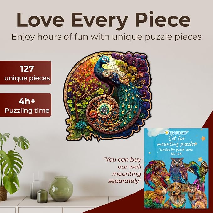 CRAFTHUB Animal Wooden Puzzles for Adults – A3 Peacock Yin Yang - Image 2