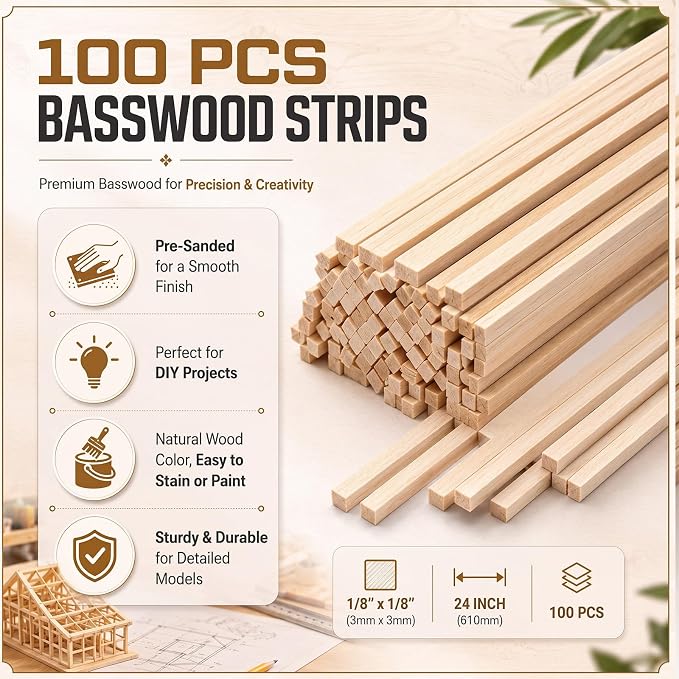 100pcs Basswood Strips 1/8 x 1/8 x 24 Inch Balsa Wood Strips Natural Wood - Image 4
