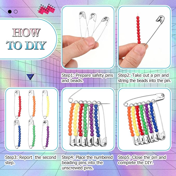80 Safety Pin Fashion Bulk Include Safety Pin and Small Beads, Flag Bead Craft - Image 4