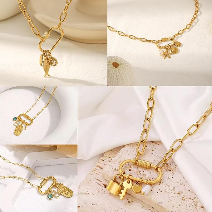 Stainless Steel Screw Lock Charms Carabiner Bracelet, 18K Gold Plated, 10 Pieces - Image 7