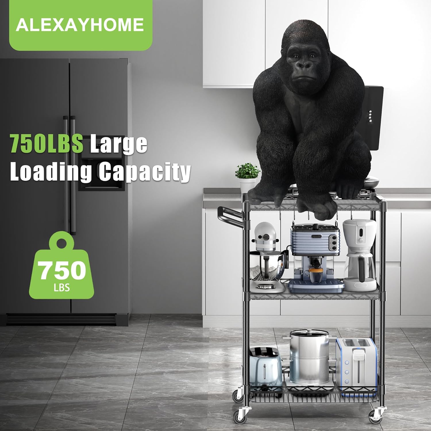 Metal Steel Wire Cart with Wheels, 3 Shelf Rolling Cart, Kitchen Trolley with Handle Bar&Shelf Liner, Commercial Grade Mobile Storage Cart for Kitchen, Living Room, Laundry, Grocery