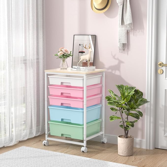 SYKIARIOL Utility Cart with 5 Drawers, Storage Drawer Cart with Wooden Tabletop - Image 7