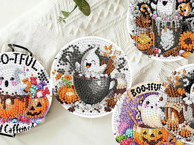 8 PCS Halloween Diamond Art Coasters Kits, Ghost Diamond Painting Coaster | - Image 8