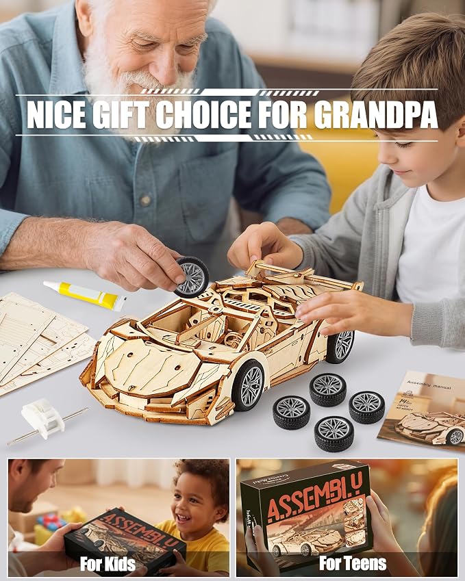 3D Wooden Puzzles for Adults Roadster, Mechanical Wood Sport Car Model Kits for - Image 7