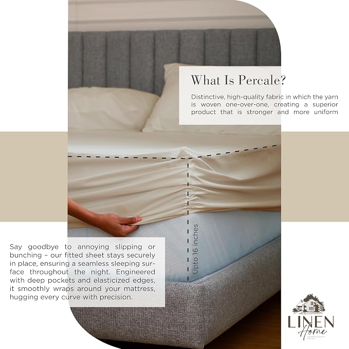 Linen Home 100% Cotton Percale Sheets Queen Size, Light Taupe, Deep Pocket - Image 4
