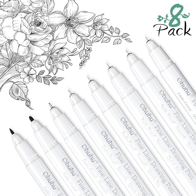 Ohuhu Fineliner Pens Micro Drawing Pens: 8-size Tips Waterproof Pigment Black - Image 2
