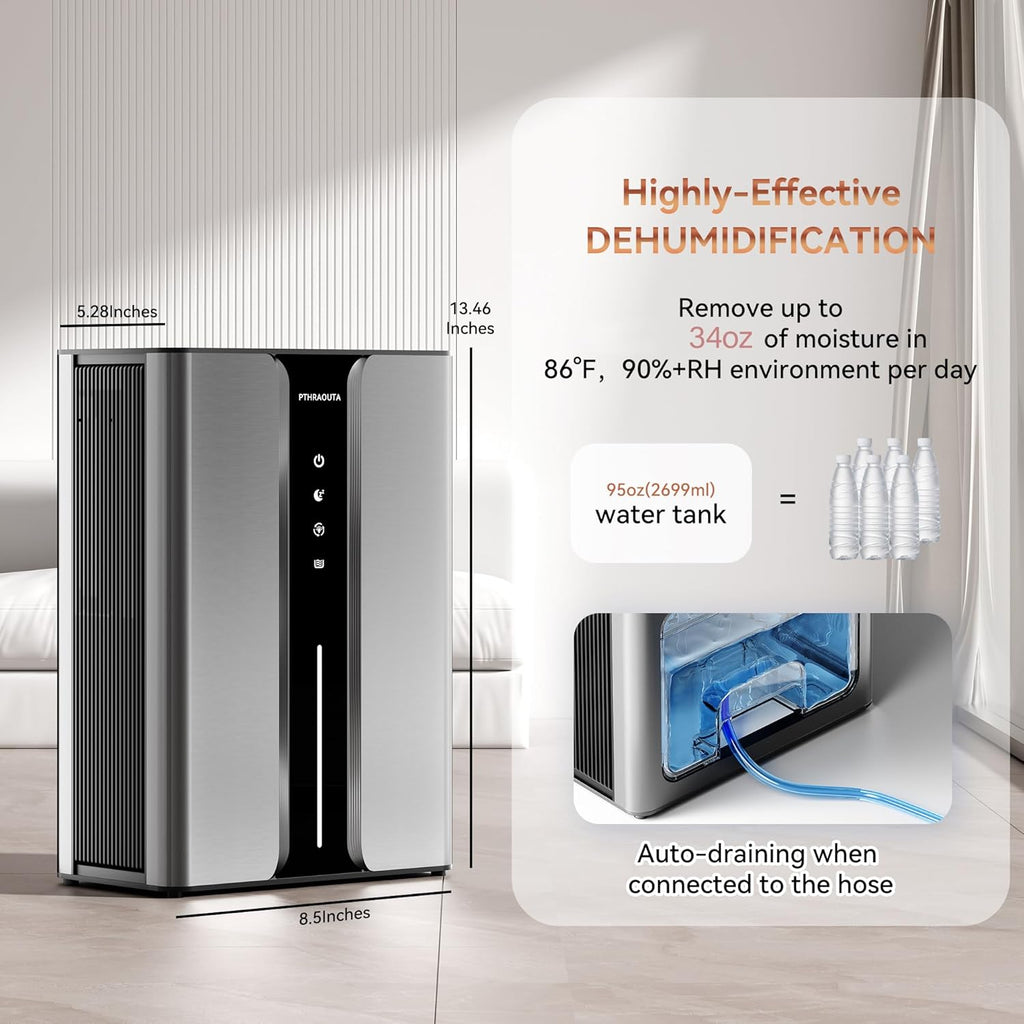 95oz Home Dehumidifier, (950 sq.ft) Quiet dehumidifier for Bedroom Bathroom with Drain Hose, with Air Reusable Filter Indoor deshumidificador for Basement RV Closet