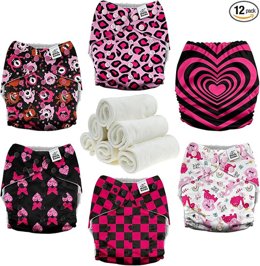 Mama Koala 3.0 Cloth Diapers for Babies with AWJ Lining, 6 Pack with 6 Natural Cloth Diaper Inserts - Reusable and Washable Pocket Diapers (Pink Love)