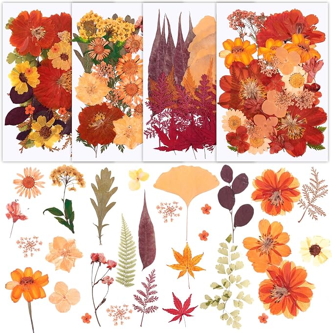 100 Pcs Fall Dried Pressed Flowers, Real Orange Dried Wildflowers Leave by Ovveroche