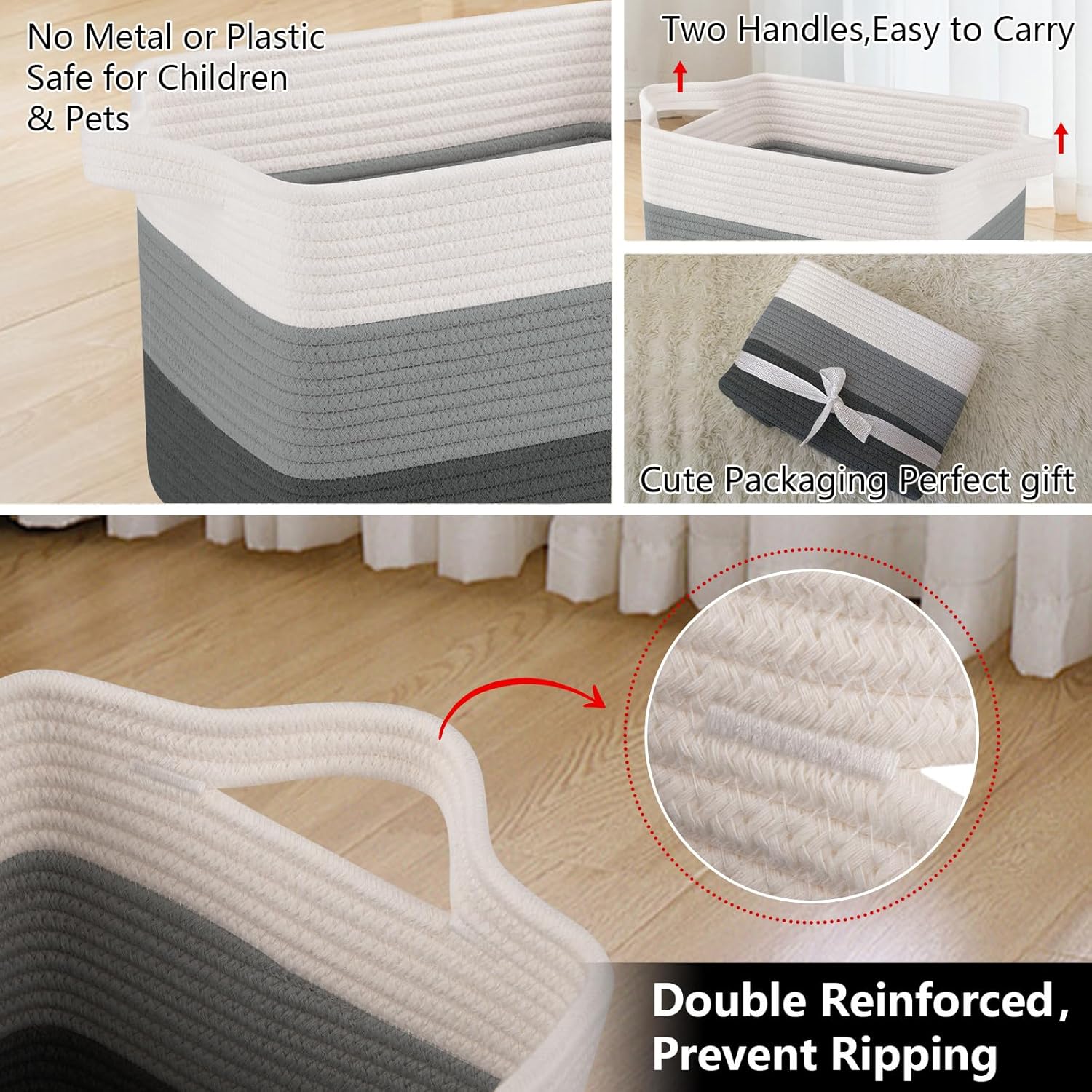 OIAHOMY Storage Basket, Woven Baskets for Storage, Cotton Rope Basket for toys,Towel Baskets for Bathroom - Pack of 3, Gradient Dark Gray