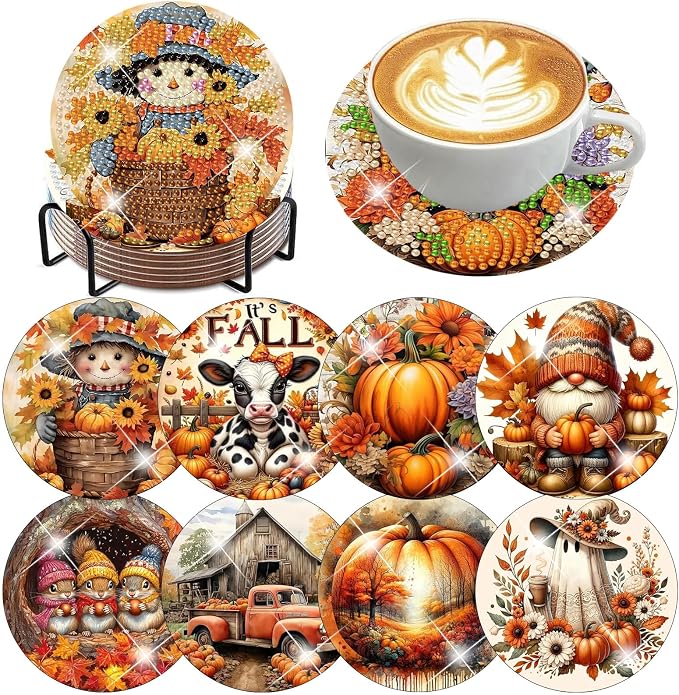ijbnhd 8 Pcs Diamond Art Coasters Kits Autumn | Diamond Painting Coasters Kit by ijbnhd