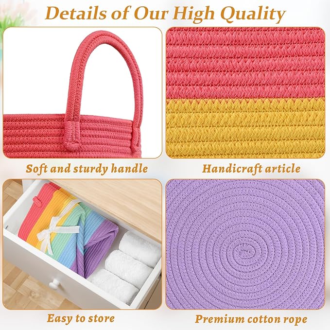 52L Rainbow Storage Basket for Organizing, 15"×18" Large Tall Laundry Baskets, Cotton Rope Woven Blanket Basket, Toy Storage for Kids, Collapsible Laundry Hamper for Living Room, Nursery Room