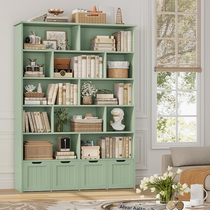 FINETONES 69" H Toy Storage Organizer, 6 Tier Tall Kids Bookshelf with 4 Movable Drawers and 12 Storage Cubbies, 49.4" W Toy Organizers and Storage Organizer Playroom Storage for Kids Room, Green
