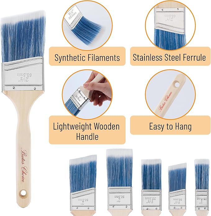 Bates- Paint Brushes, 6 Pack, Wooden Handle, Flat Wall Paint Brushes - Image 3