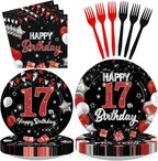 96Pcs Red and Black Party Decorations Happy 17th Birthday Plates and Napkins by Greencian