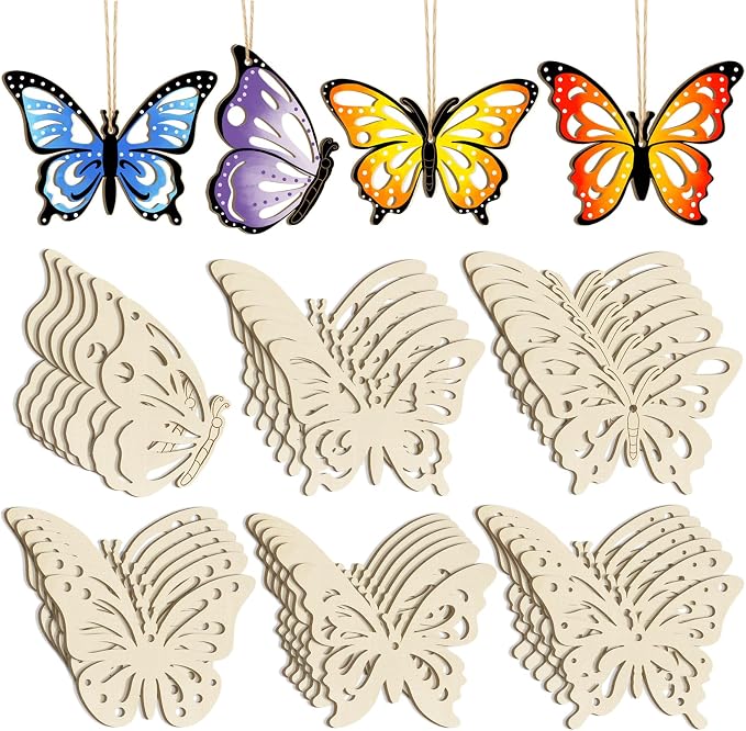 36PCS Wooden Hollow Butterfly Ornaments to Paint, 6 Styles DIY Blank Unfinished by Sophena