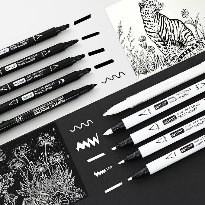 Black & White Acrylic Paint Pens, Dual Tip, 0.7mm Fine Nibs 10 Pack | Opaque Ink - Image 2