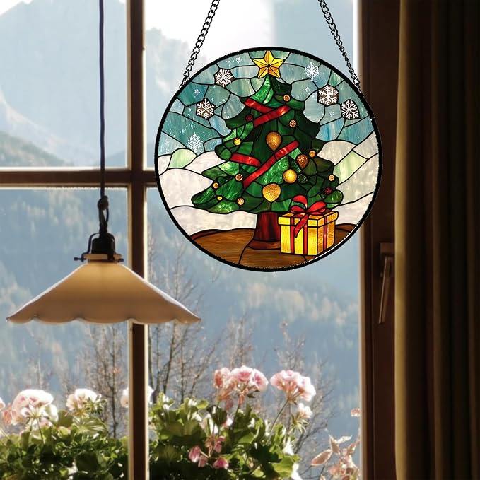 DASTOLL Stained Glass Window Hanging Green Christmas Tree Snowflake Large 15" - Image 5