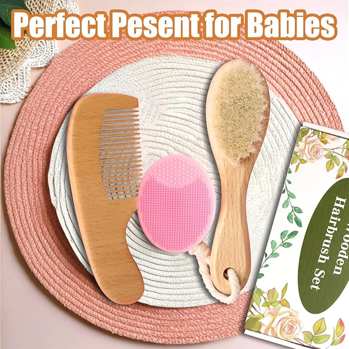 Wooden Baby Hair Brush and Comb Set, 3Pcs Natural Soft Goat Bristles Brush Cradle Cap Comb Baby Shower Scrubber Perfect Scalp Grooming Product for Newborn, Toddler, Infant (Pink)