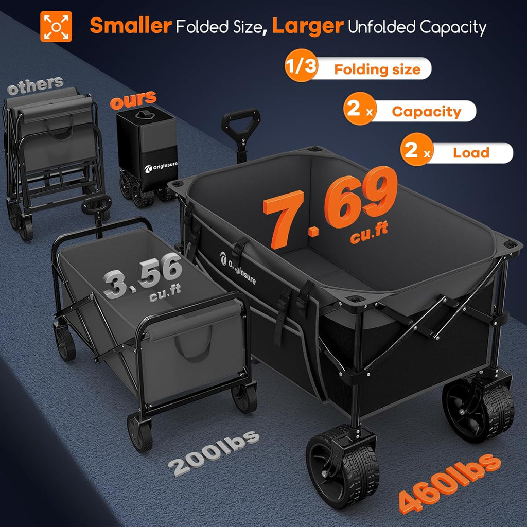 220L Collapsible Wagon Cart Foldable, 460lbs Load Capacity Heavy Duty Folding Beach Wagons with Big All-Terrain Wheels, Utility Carts for Groceries, Shopping, Camping, Sports - Grey&Black