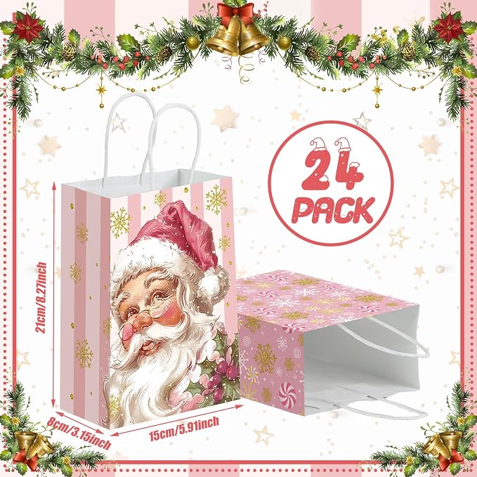 Kolldenn 24 Pcs Pink Christmas Party Favors Bags Christmas Goodie Gift Bags - Image 2