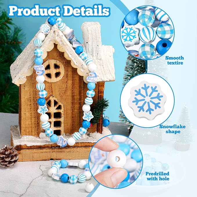 Qunclay 200 Pcs Blue Wooden Beads Winter Snowflake Snowman Wooden Beads - Image 3