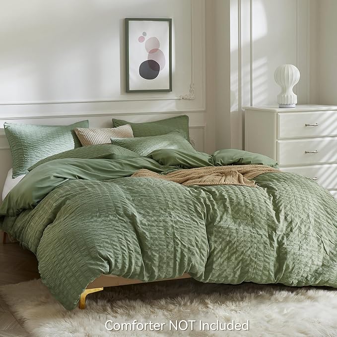 JELLYMONI Dark Green Duvet Cover Full Size, Soft Breathable Seersucker Duvet - Image 3