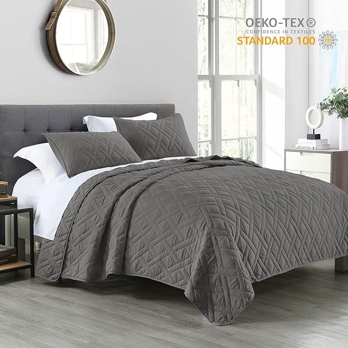 HORIMOTE HOME Quilt Set King Size Grey, Classic Geometric Diamond Stitched - Image 2