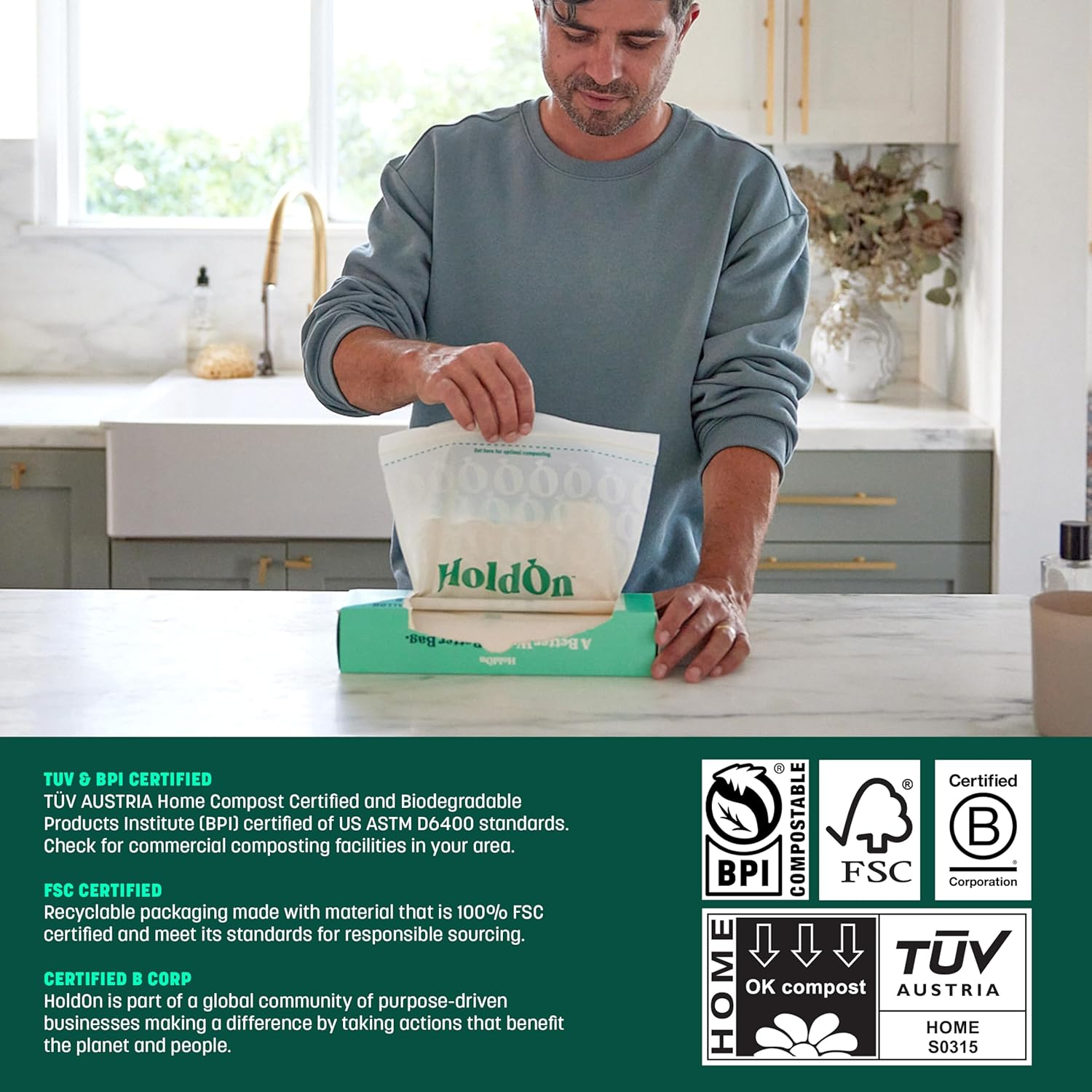 HoldOn Zipseal Gallon Bags - Compostable, PFOA-Free, BPA-Free, Food-Safe Zip Seal Food Storage Bags/Freezer-Safe Gallon Bags With Secure Seal for Home & Travel (25 bags total)