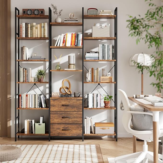 AFLUI Triple Bookshelf with 3 Fabric Drawers, 6-Tier Book Shelf and 10 Display - Image 8