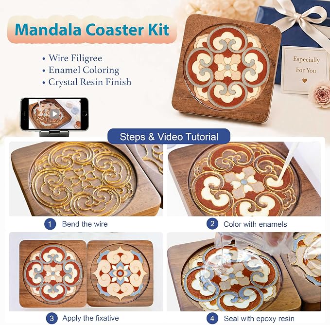 Wooden Coasters Craft Kits – Filigree Enamels Painting DIY Coasters Art - Image 2