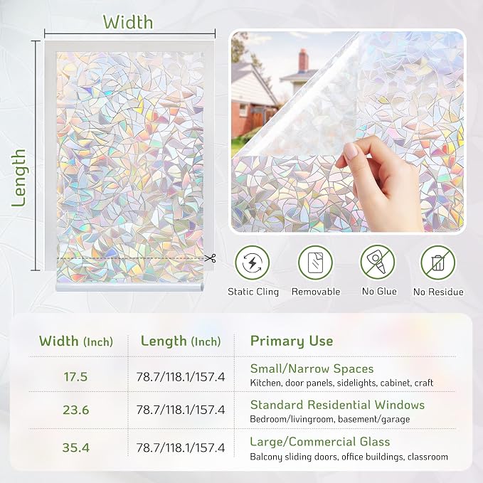LUTE Rainbow Window Privacy Film, Stained Glass Cling, 23.6" x 78.7" | 3D - Image 7