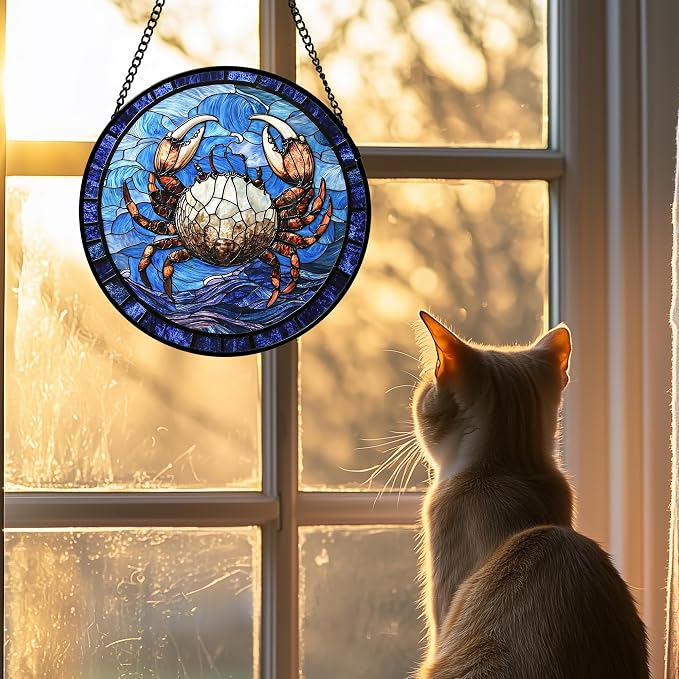 DASTOLL Stained Glass Window Hanging 4 Pcs Set Blue Ocean Waves 9.8" - Image 4