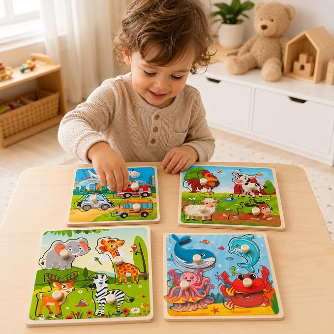 Wooden Peg Puzzle Set for Toddlers, 4 Pack Animal Vehicle Ocean Farm Puzzles - Image 6