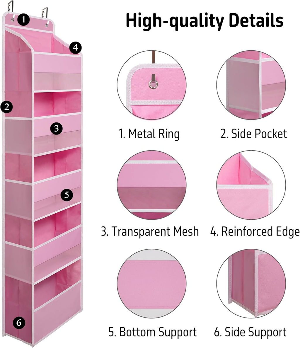 Over Door Organizer with 5 Large Pockets, Heavy Duty Hanging Organizer Storage, Closet Bathroom Nursery Bedroom Dorm, Toys Cosmetics Sundries and Baby Essentials, Pink