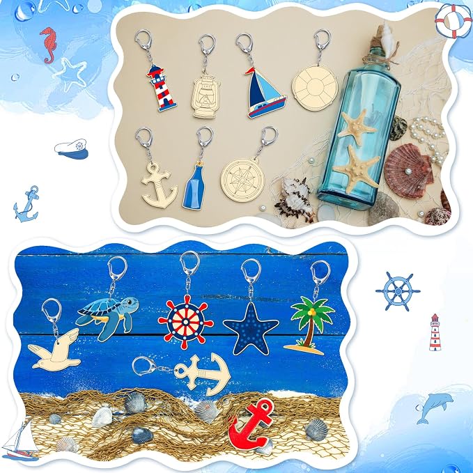 RattanView 24 Pcs Nautical Craft Color Your Own Keychains DIY Craft Wooden - Image 6