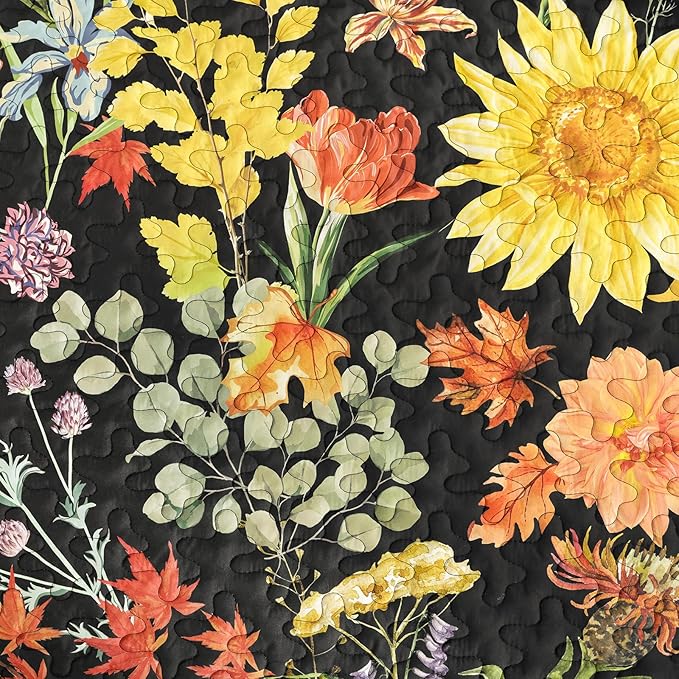 Yiran Black Yellow Full Size Quilt, Floral Bedspreads Bedding Set, 3 Pieces - Image 5