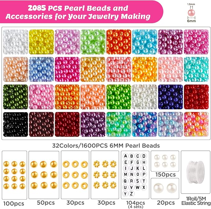 Funtopia 2085pcs Pearl Beads, 32 Colors Colorful Round Beads - Image 6