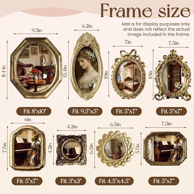 Lineshading 8 Pcs Picture Gold Vintage Gallery Wall Frame Set Antique Resin - Image 2