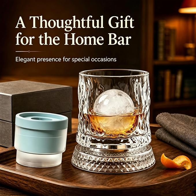 Rotating Whiskey Glass with Large Ice Ball Mold, Single Spinning Crystal - Image 3