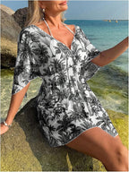 WDIRARA Women's Tie Dye Sheer Boho Chiffon Cover Up Tie Waist Beach Dress Deep - Image 5