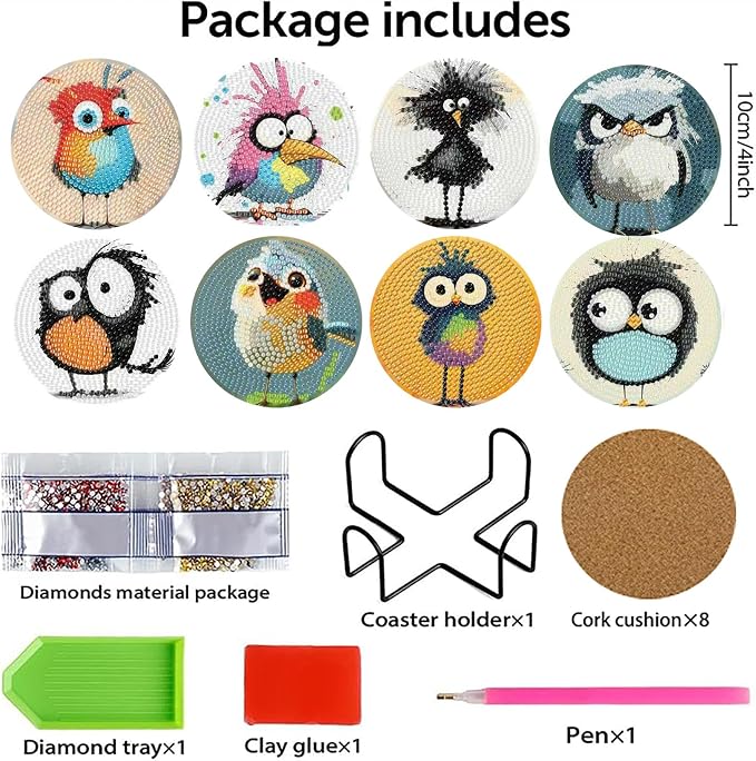 8 Pcs Retro Birds Diamond Art Coasters Kits - Image 7