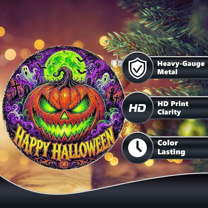 Neon Pumpkin Halloween Metal Tin Sign Round Wall Decor Glowing Jack O Lantern - Image 4