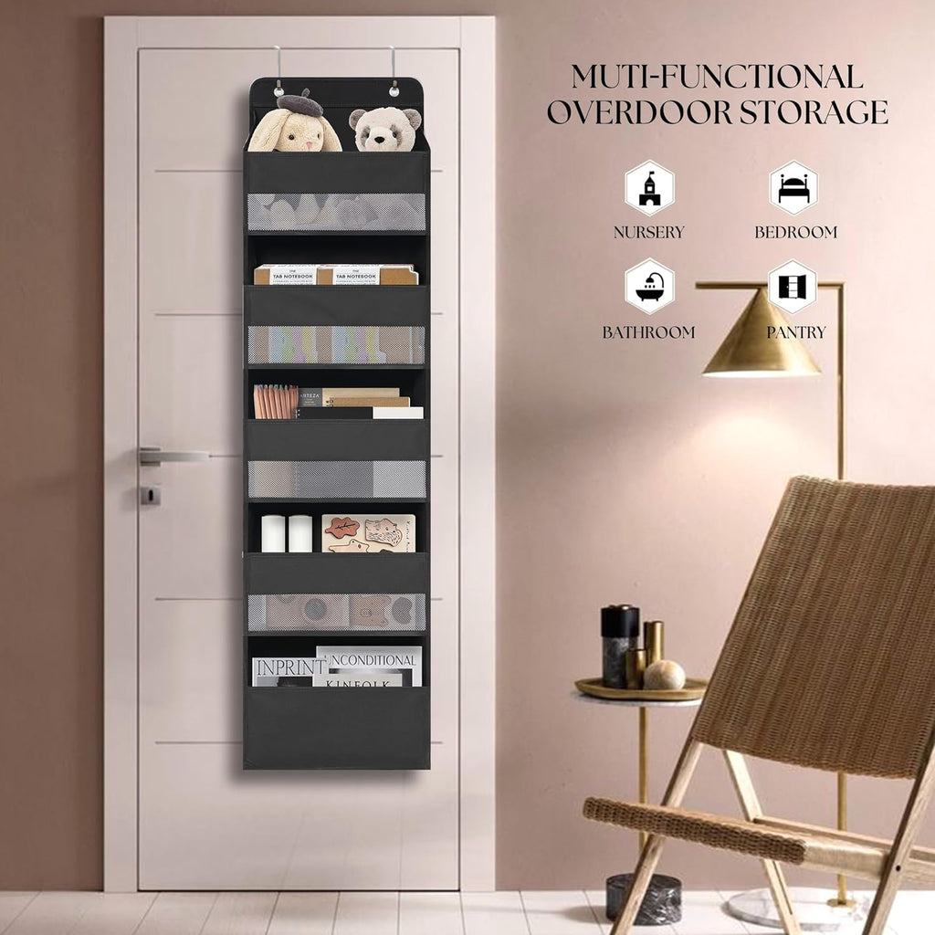 Over Door Organizer with 5 Large Pockets, Heavy Duty Hanging Organizer Storage, Closet Bathroom Nursery Bedroom Dorm, Toys Cosmetics Sundries and Baby Essentials, Black