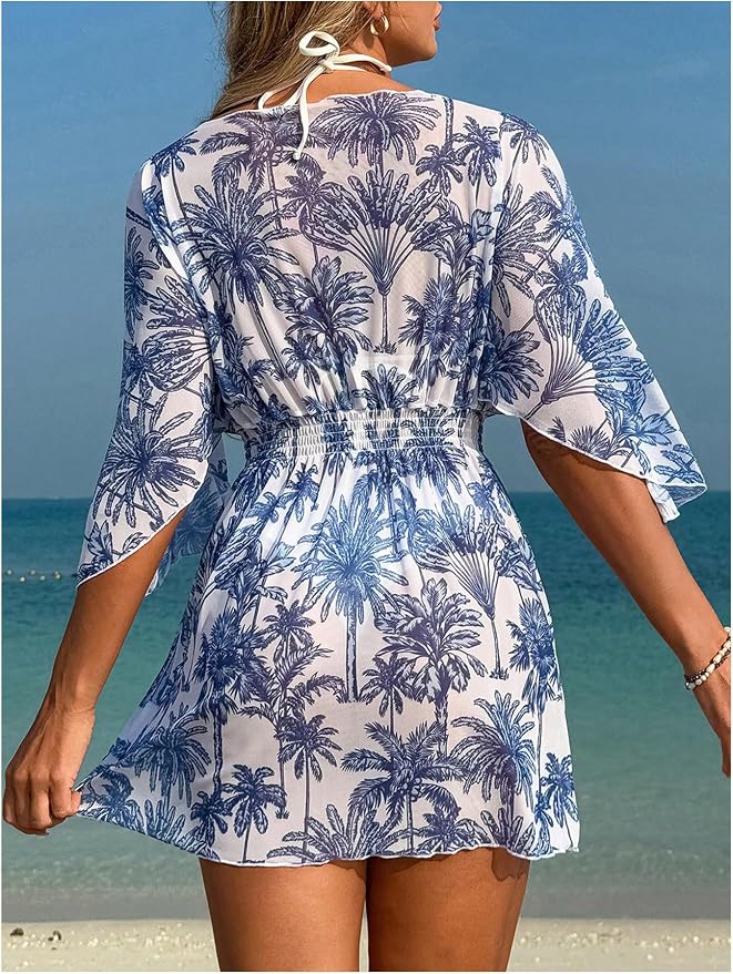 WDIRARA Women's Tie Dye Sheer Boho Chiffon Cover Up Tie Waist Beach Dress Deep - Image 2