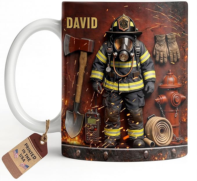 Personalized Firefighter Gifts for Men Dad Custom Name Mug, Fireman Gear Design by ALMAGEMSUS